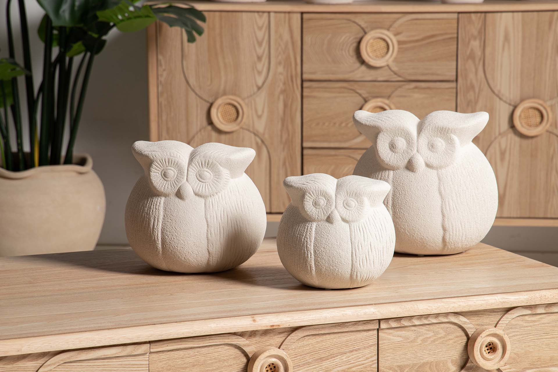 FIGURA BUHO CERAMICA BEIGE 21x21x21 CM