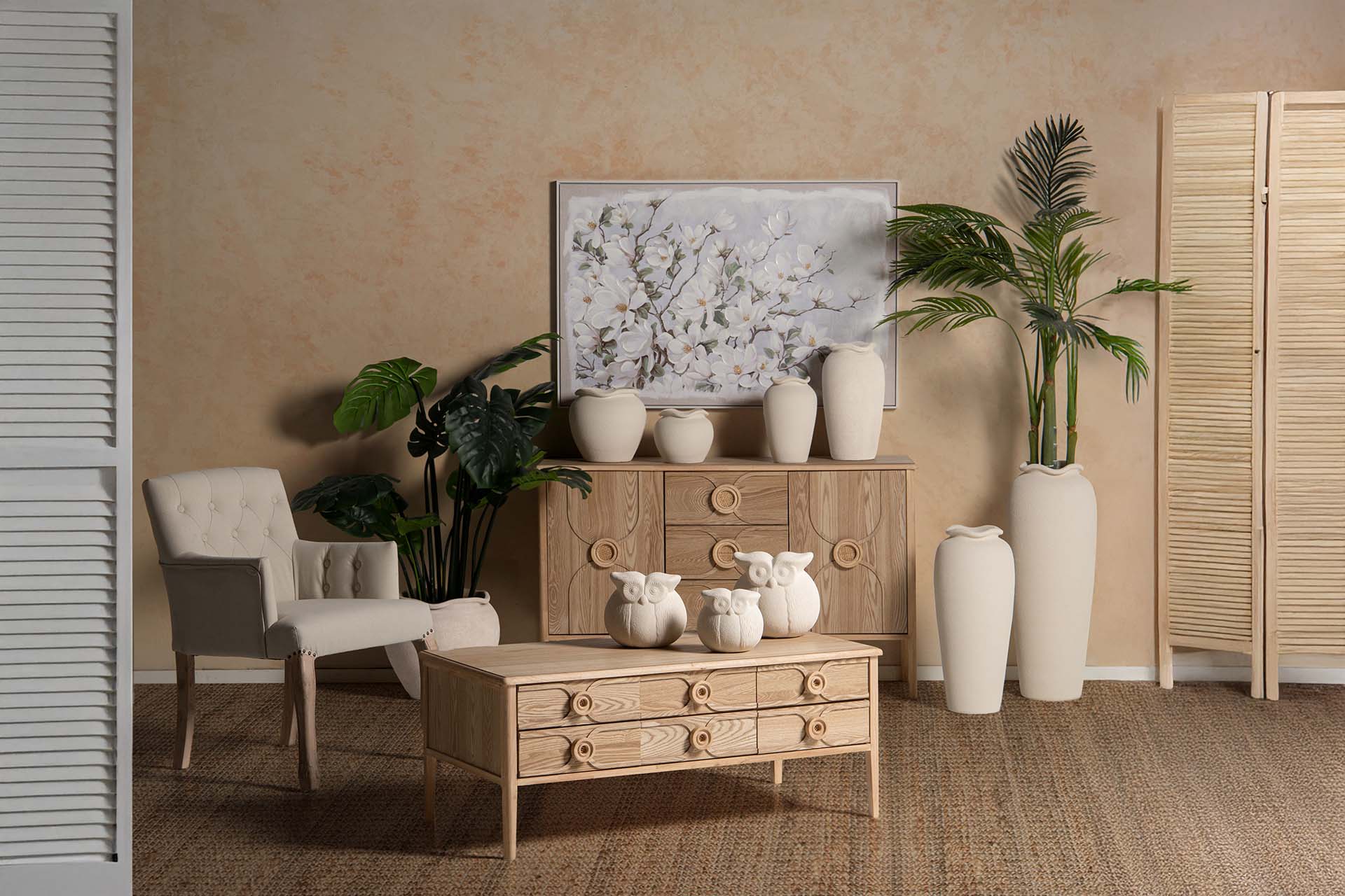FIGURA BUHO CERAMICA BEIGE 21x21x21 CM