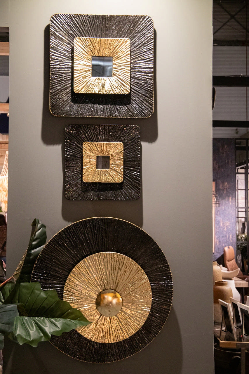 DECORAÇÃO DE PAREDE DE METAL COM ESPELHO PRETO DOURADO 53x7x53 CM