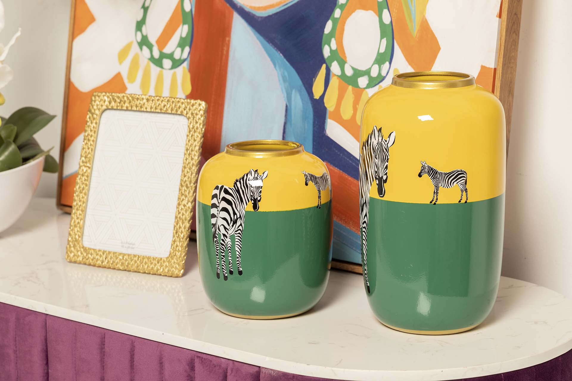 YELLOW GREEN ZEBRA CERAMIC VASE 17x17x21 CM