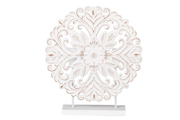 ORNAMENTO DE MESA DE MADEIRA BRANCO COM RENDA 30x7x35 CM