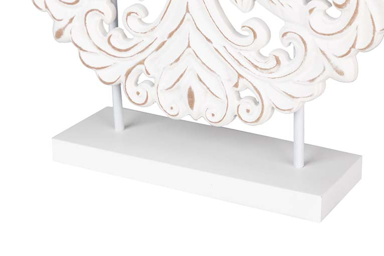 ORNAMENTO DE MESA DE MADEIRA BRANCO COM RENDA 30x7x35 CM