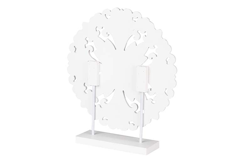 ORNAMENTO DE MESA DE MADEIRA BRANCO COM RENDA 30x7x35 CM