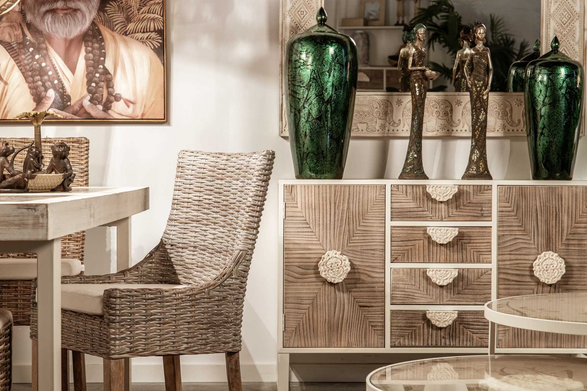 CADEIRA DE MADEIRA E RATTAN DE LINHO MARROM BEGE 54x52x91 CM
