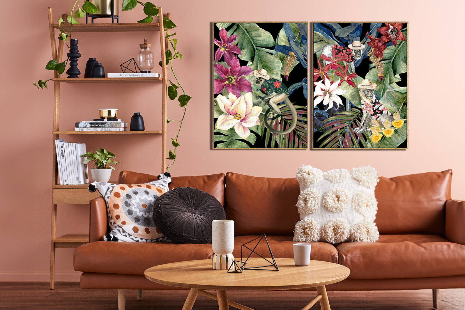 CONJUNTO DE 2 PINTURAS DE MACACOS COM MOLDURA DOURADA 60x4x80 CM