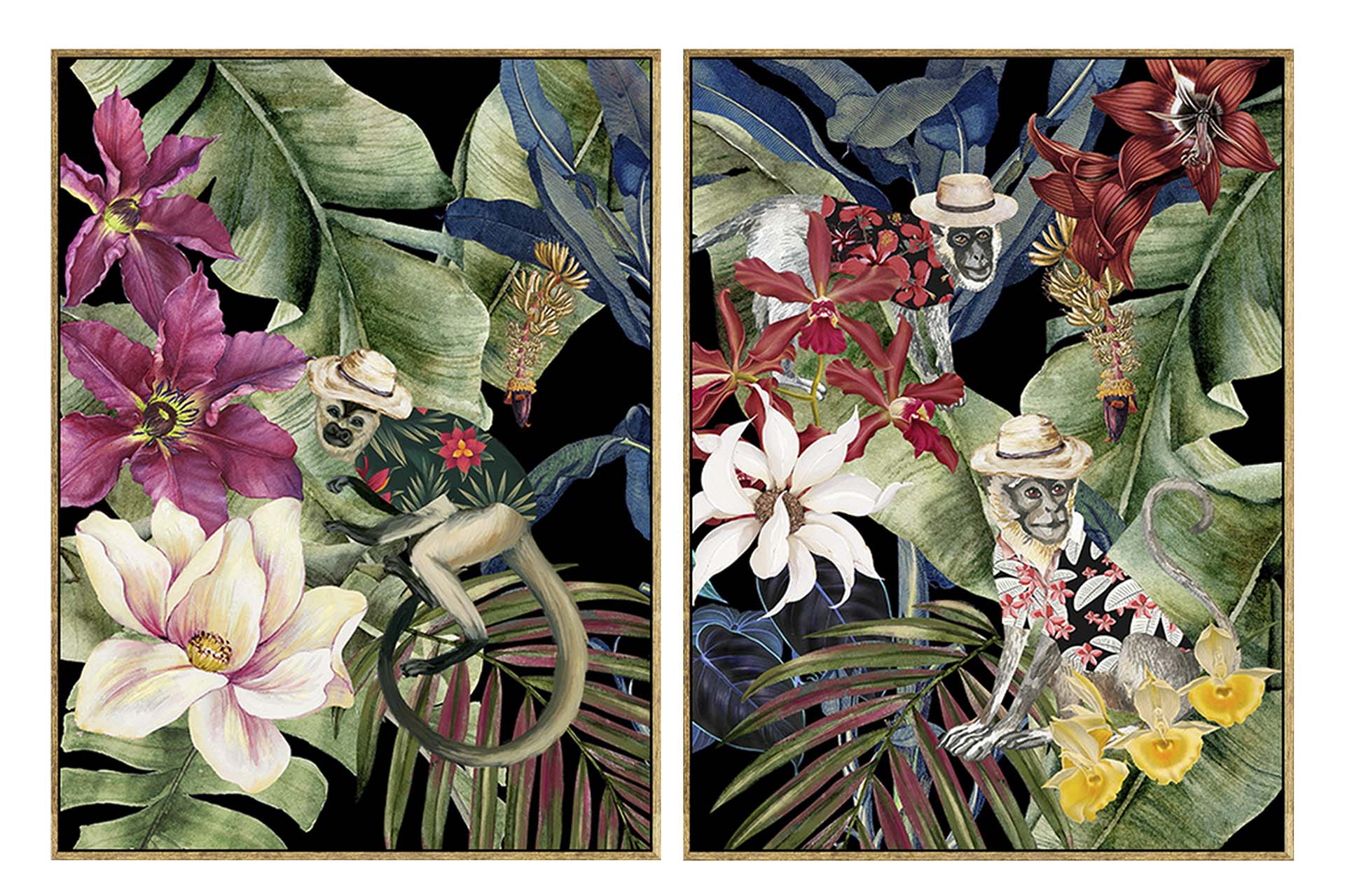 SET 2 CUADROS MACACOS CON MARCO DORADO 60x4x80 CM