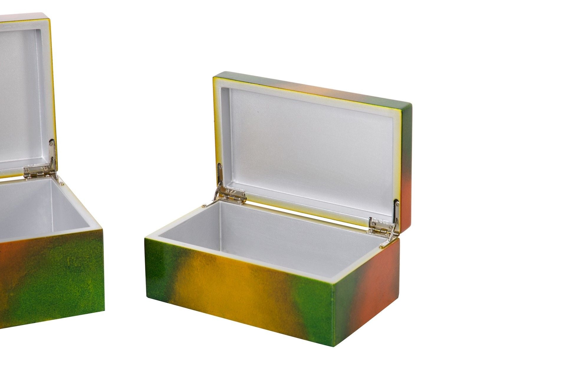 SET OF 2 GOLDEN GREEN WOODEN BOXES 25x15x11-20x12x8CM