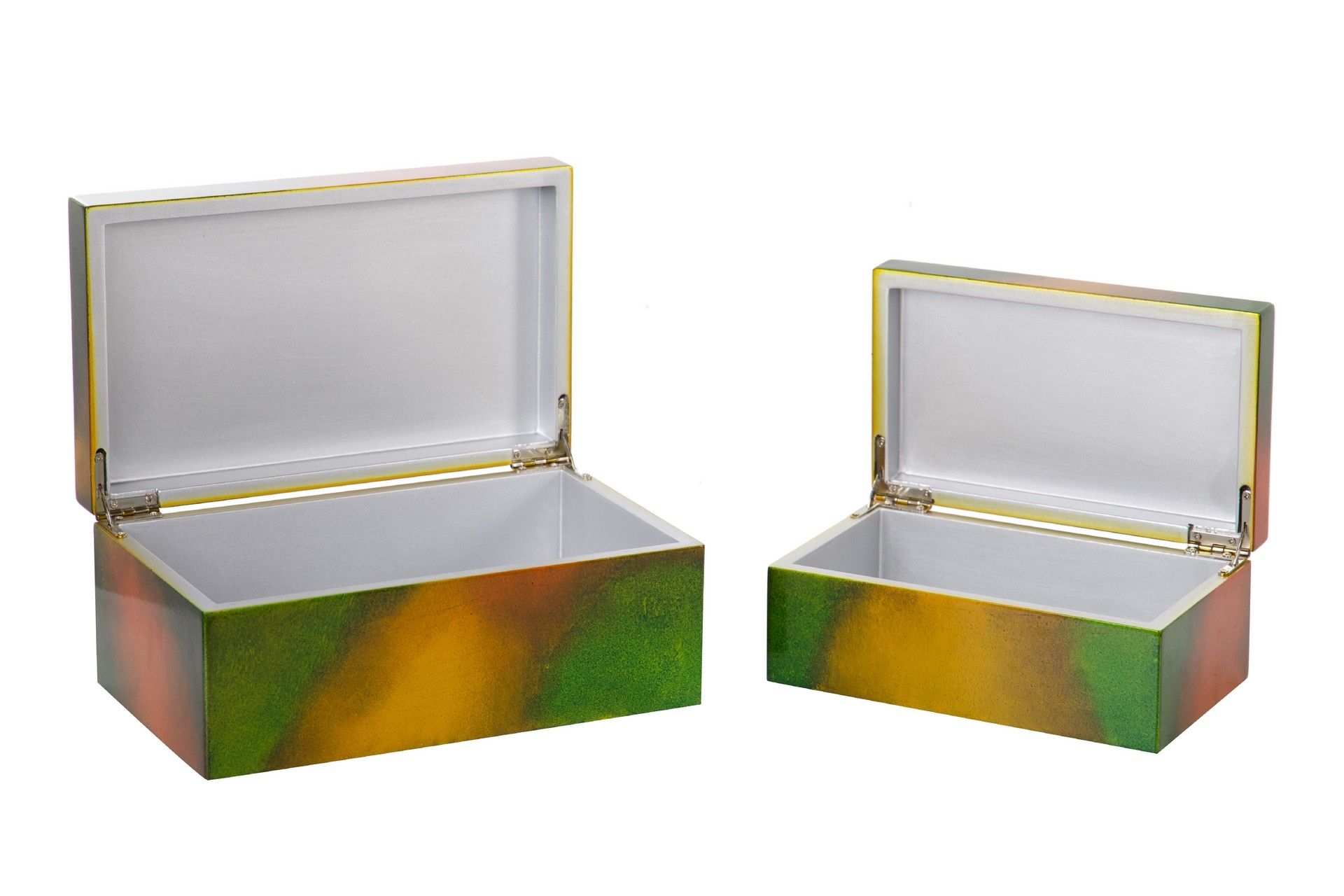 SET OF 2 GOLDEN GREEN WOODEN BOXES 25x15x11-20x12x8CM