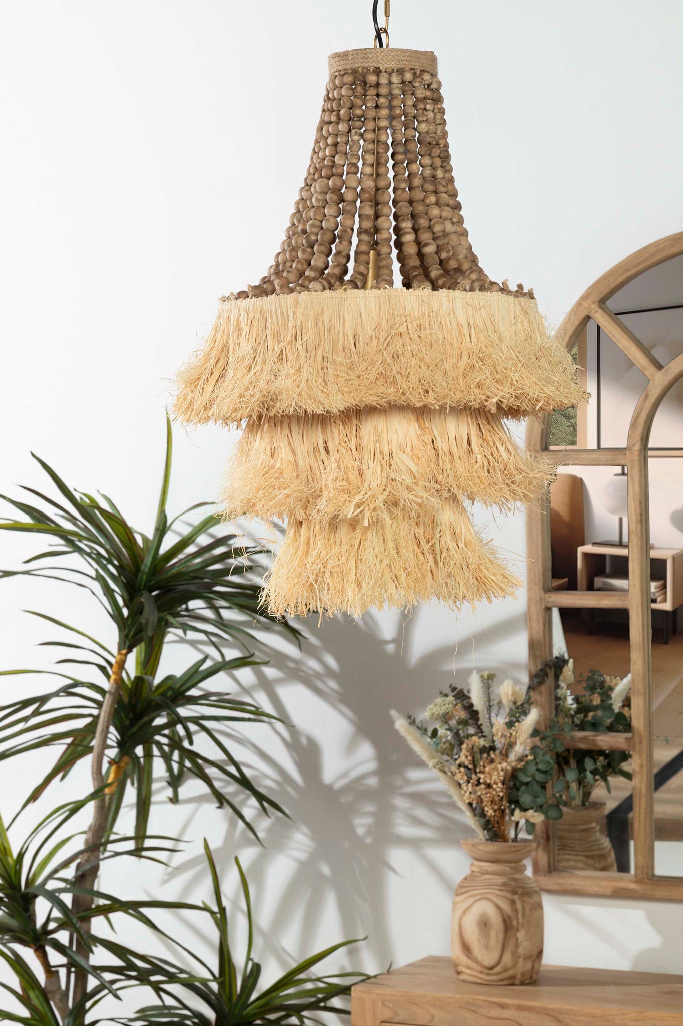 LAMPARA TECHO CADENA BOLAS MADERA RAFIA 41x41x75CM