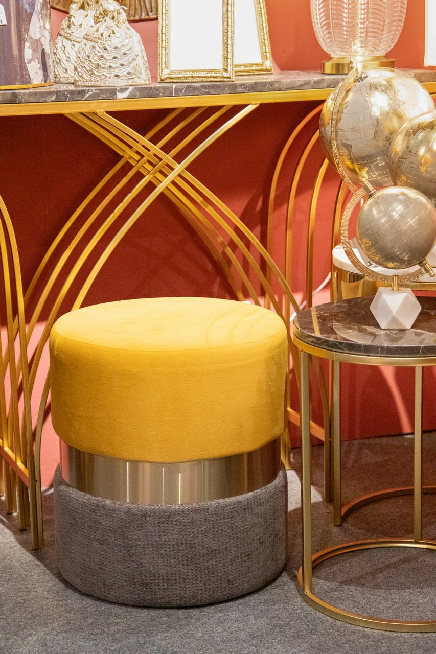 YELLOW GREY VELVET POUF 40x40x44 CM