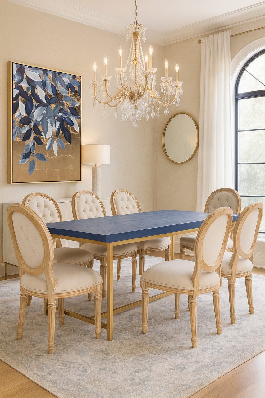 MESA COMEDOR MADERA-METAL AZUL-DORADO 180x90x80 CM