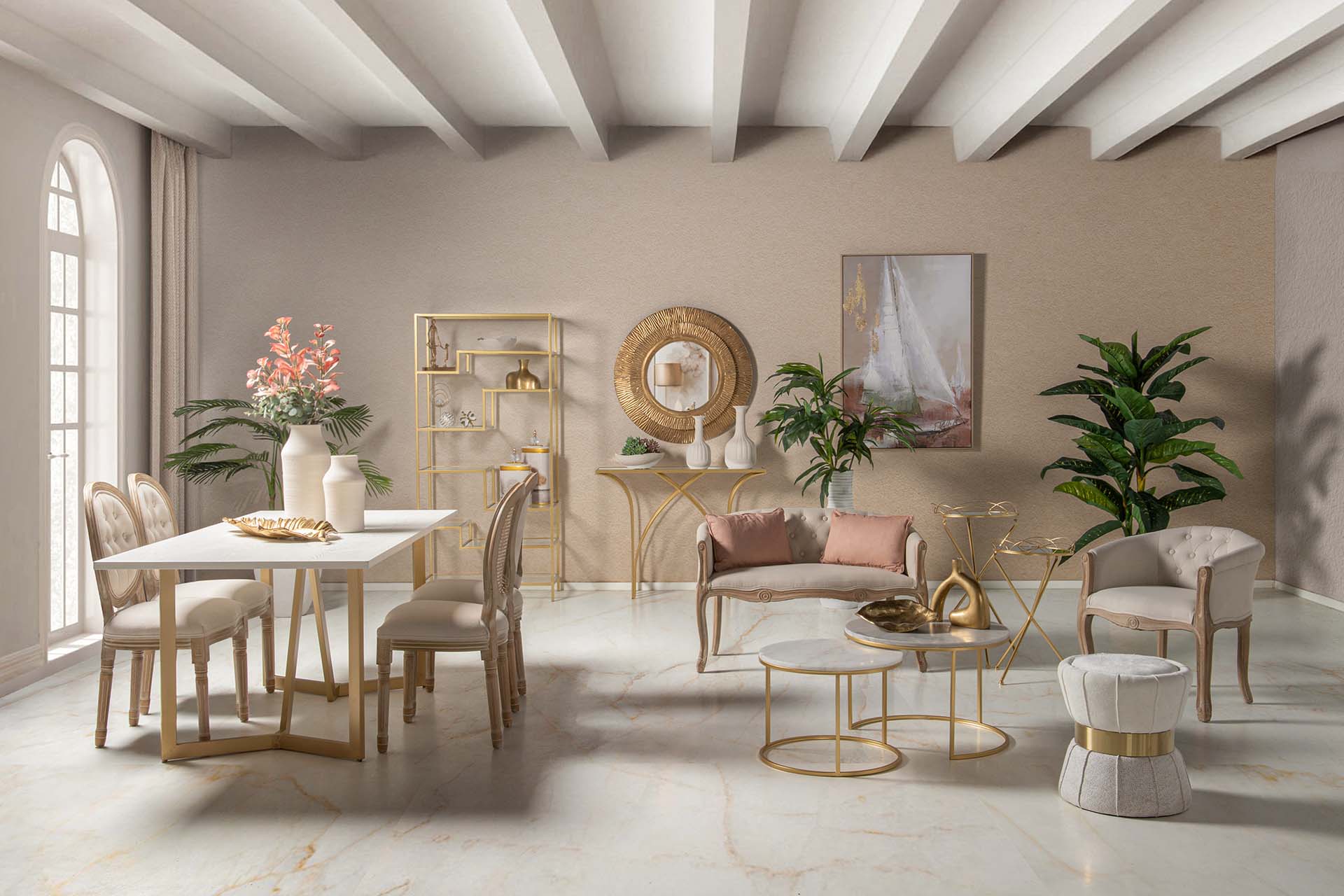 MESA DE JANTAR EM MDF METAL BRANCO DOURADO 180x90x75 CM