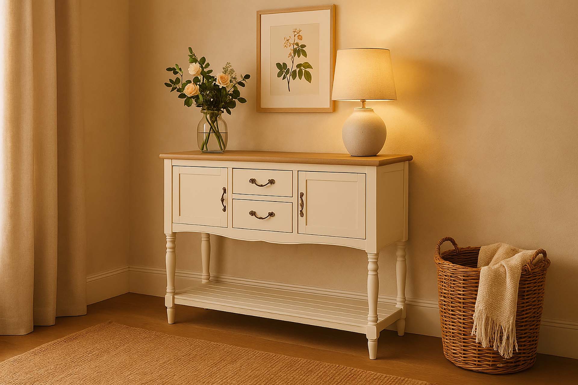 CONSOLA CAJONES PUERTAS PINO MDF BEIGE 106x28x81CM