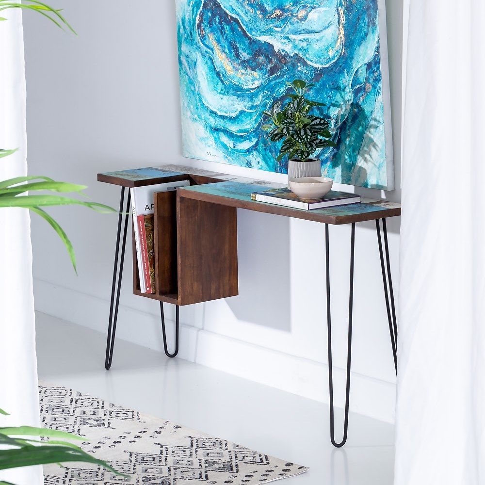 Mesa de madeira/metal marrom-azul 140 x 35 x 77 cm