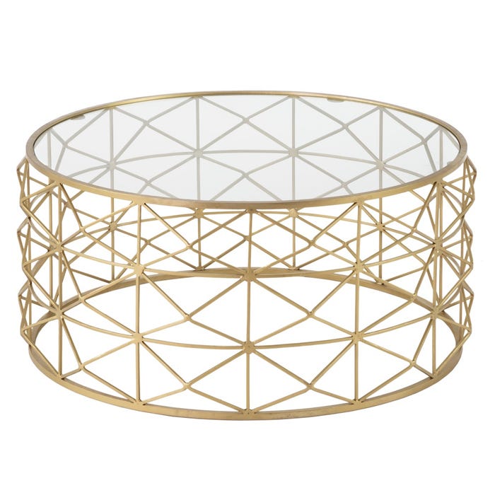 Mesa de centro de metal dourado e vidro para sala de estar 98 x 44 x 98 cm