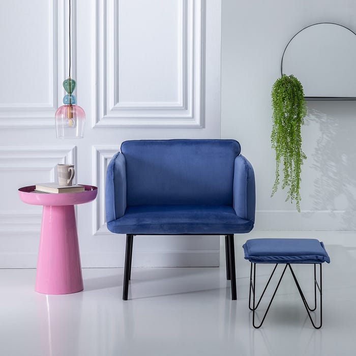 Poltrona de tecido de veludo azul e metal 76 x 64 x 77 cm