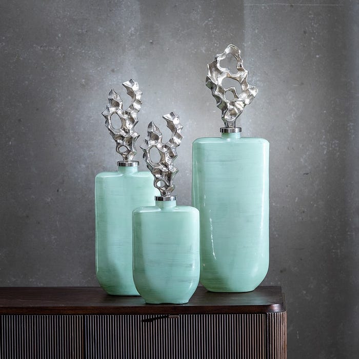 Garrafa de vidro decorativa verde-prateada 16 x 10 x 46 cm