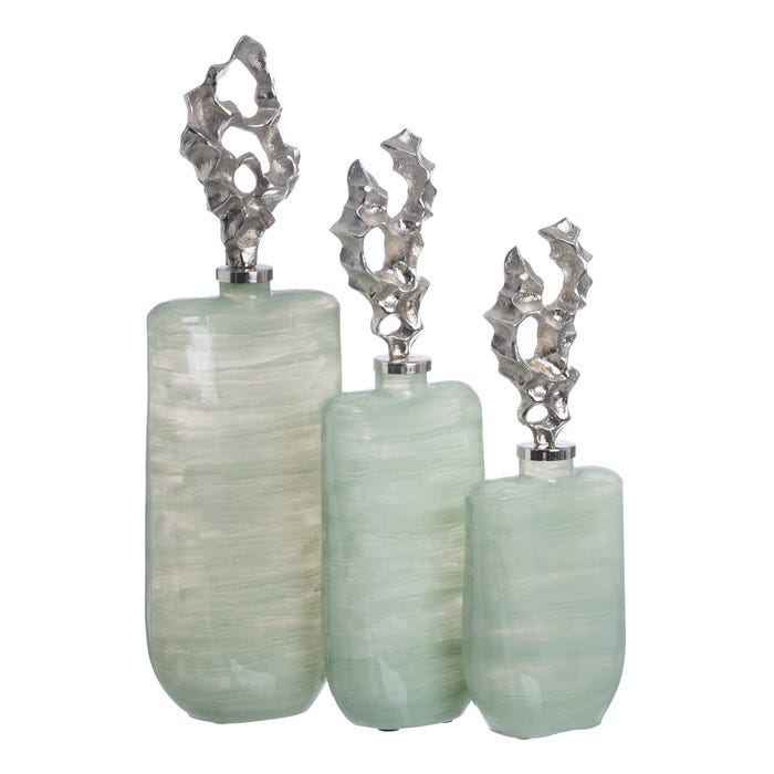 Garrafa de vidro decorativa verde-prateada 16 x 9 x 54 cm