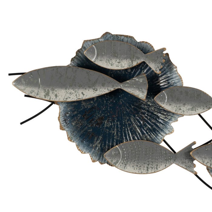 Mural Pared Peces Azul-Plata Metal 127,60 X 6,40 X 42,50 Cm