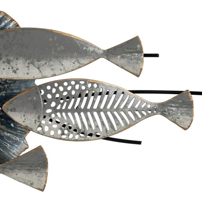 Mural Pared Peces Azul-Plata Metal 127,60 X 6,40 X 42,50 Cm