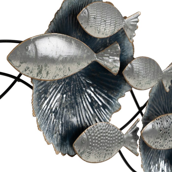 Mural Pared Peces Azul-Plata Metal 127,60 X 6,40 X 42,50 Cm