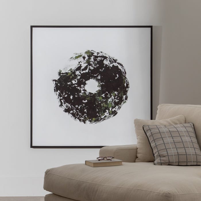 Pintura abstrata pintada à mão sobre tela em moldura de madeira.