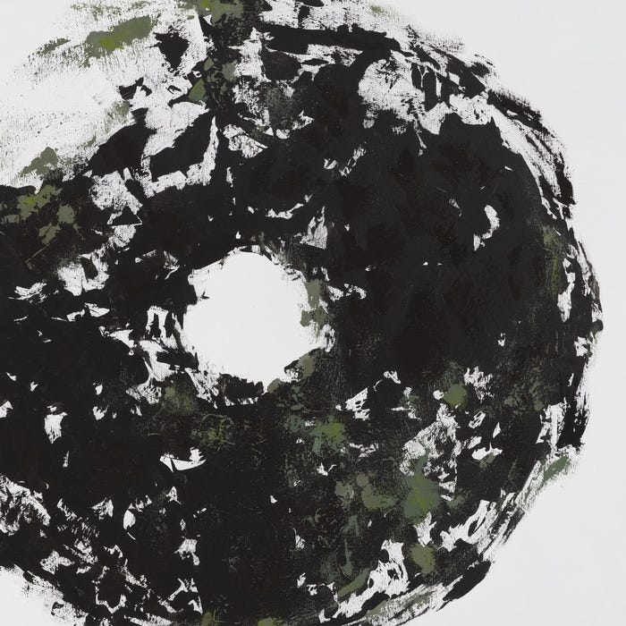 Pintura abstrata pintada à mão sobre tela em moldura de madeira.