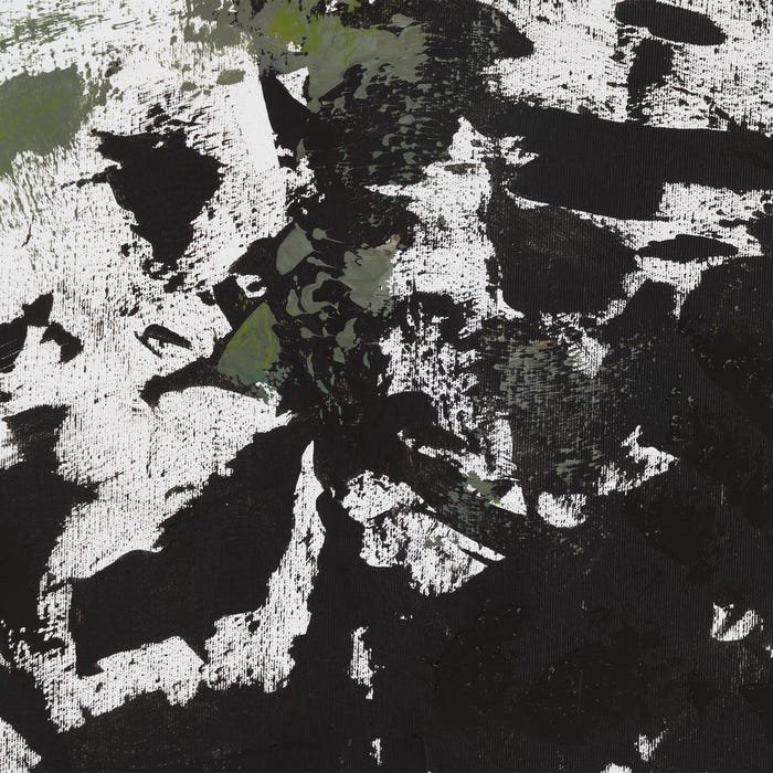 Pintura abstrata pintada à mão sobre tela em moldura de madeira.