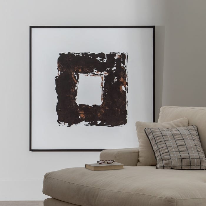 Pintura abstrata pintada à mão sobre tela em moldura de madeira.