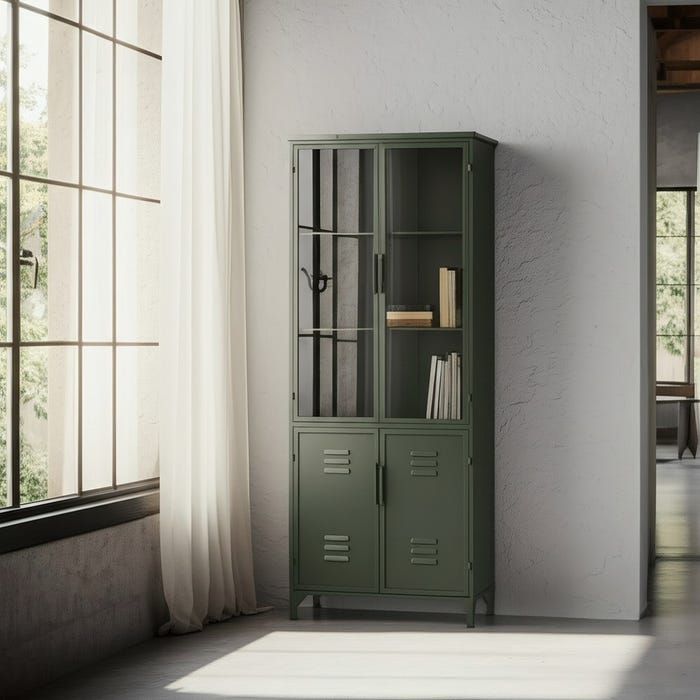 Vitrine de metal e vidro verde menta 72 x 35 x 178 cm
