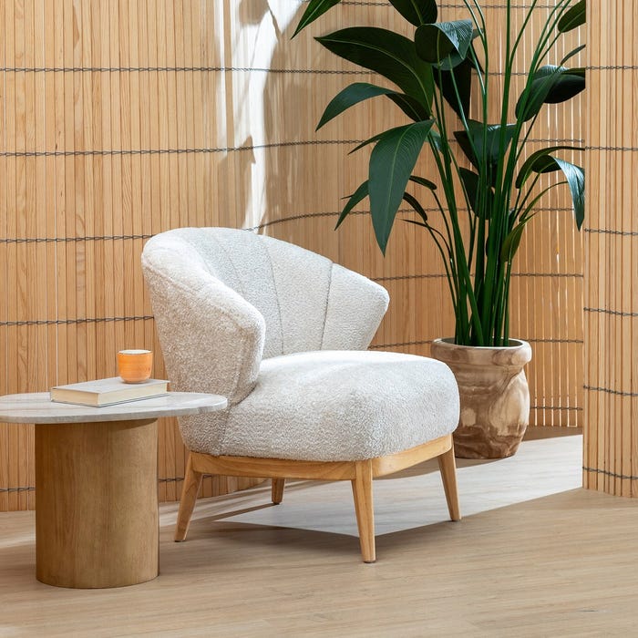 Poltrona de sala de estar em tecido creme natural e madeira 71 x 75 x 76 cm