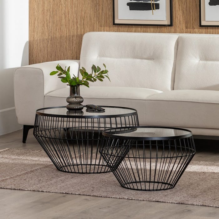 S/2 Black Metal-Glass Center Table 73 X 73 X 40 Cm
