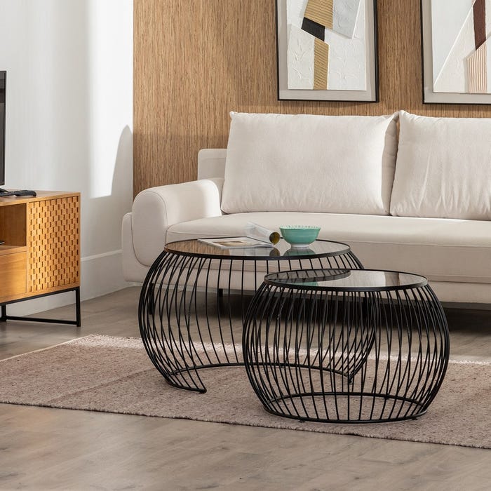 S/2 Mesa Centro Negro Metal-Cristal 89 X 80 X 51 Cm