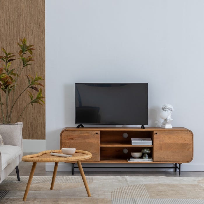 Mueble Tv Natural Madera De Mango Salón 160 X 40 X 55 Cm