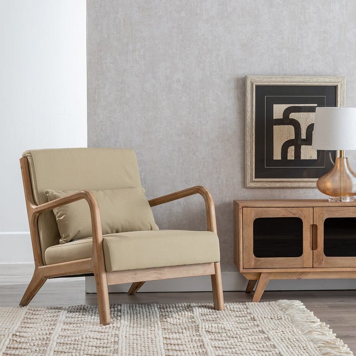 Natural-Beige Fabric-Wood Armchair 66 X 85 X 74 Cm