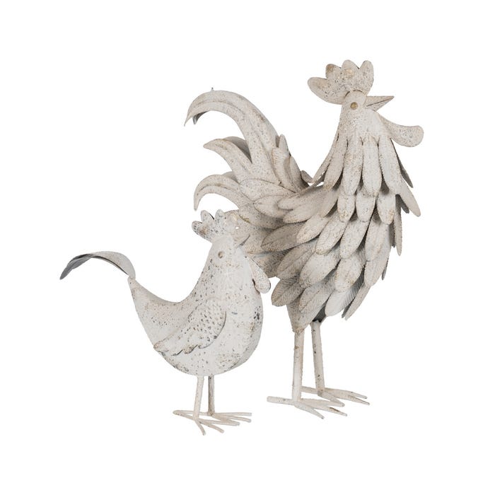 Figura de Galo Rosa e Branco em Metal 36 x 14 x 49,50 cm