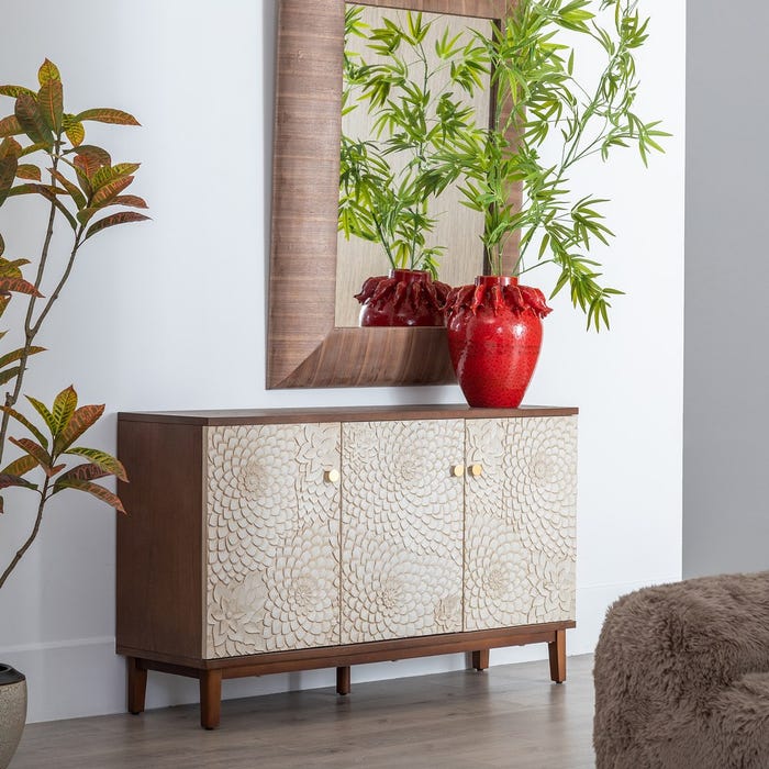 Carved Sideboard White-Brown Dm-Wood 135 X 40 X 80 Cm