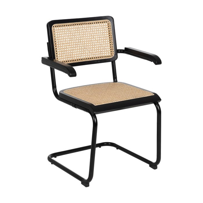 Cadeira de sala de estar em madeira natural preta e rattan 61,50 x 53 x 82,50 cm