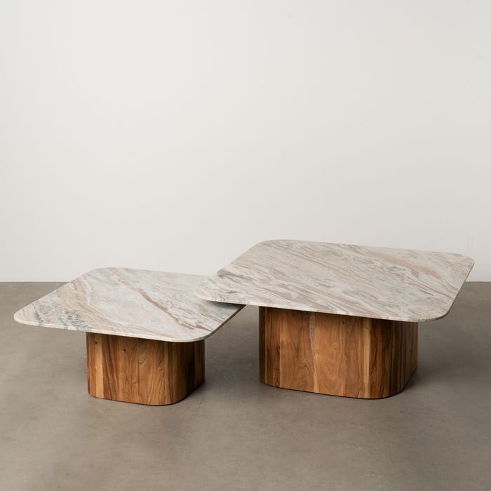 Mesa de Centro de Madeira e Mármore S/2 Sala de Estar 100 X 100 X 41 Cm