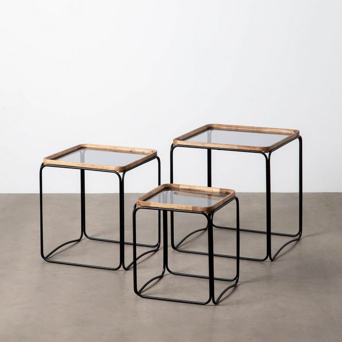 S/3 Mesitas Natural-Negro Metal-Cristal 50 X 50 X 54 Cm