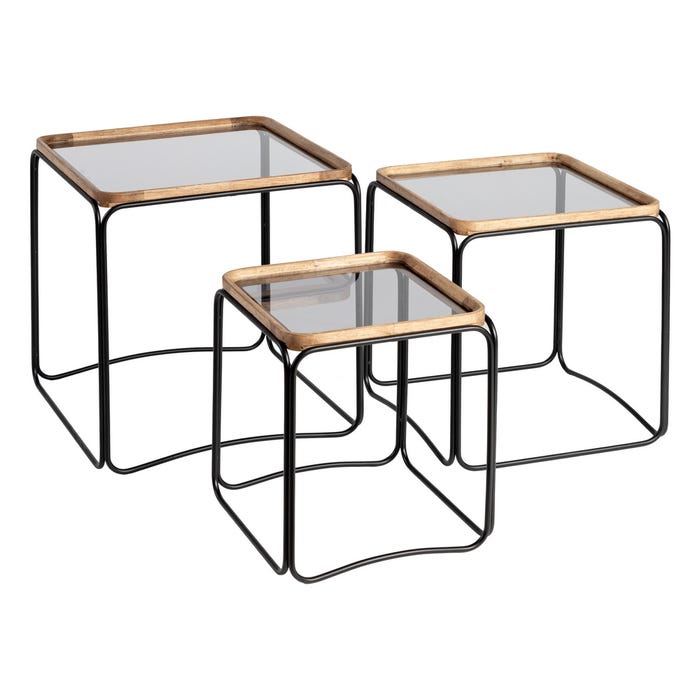 S/3 Mesitas Natural-Negro Metal-Cristal 50 X 50 X 54 Cm