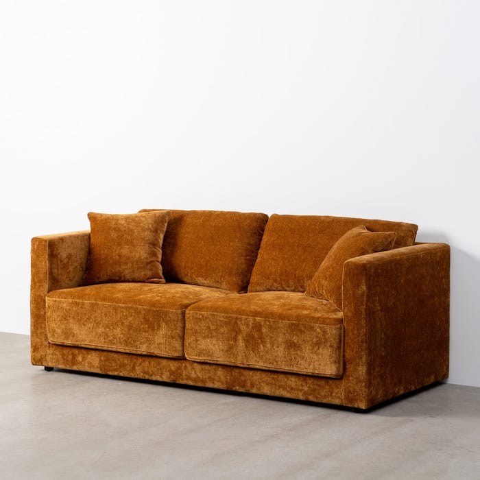 Sofá 3 Plazas Ocre Tejido-Madera 210 X 96 X 86 Cm