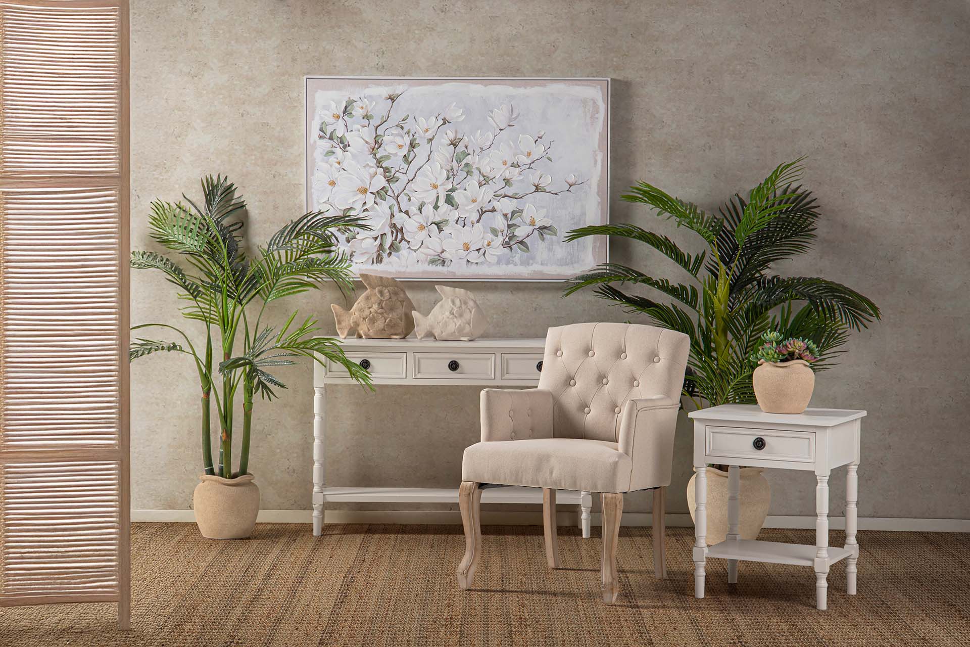 CAPITONE LINEN ARMCHAIR WITH WOODEN LEGS 59x62x85 CM