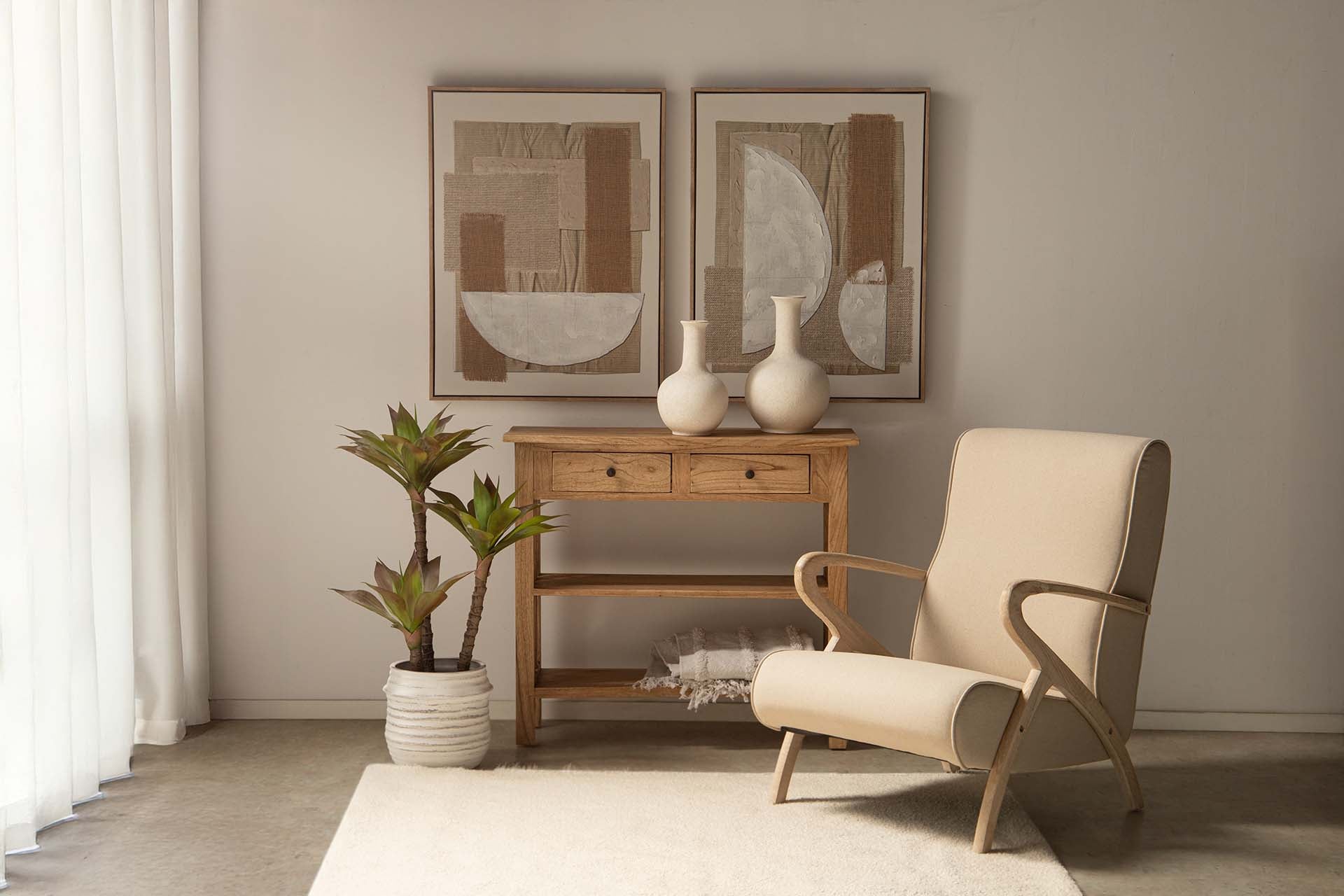 RUBBER WOOD ARMCHAIR WITH BEIGE LINEN 72x80x85CM