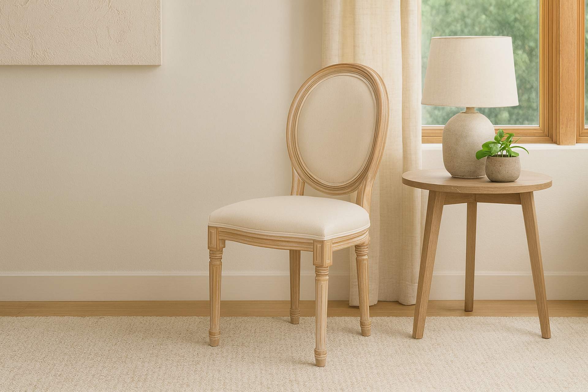 SILLA MEDALLON LINO PATAS DE MADERA 48x48x96 CM - Min.2 uds