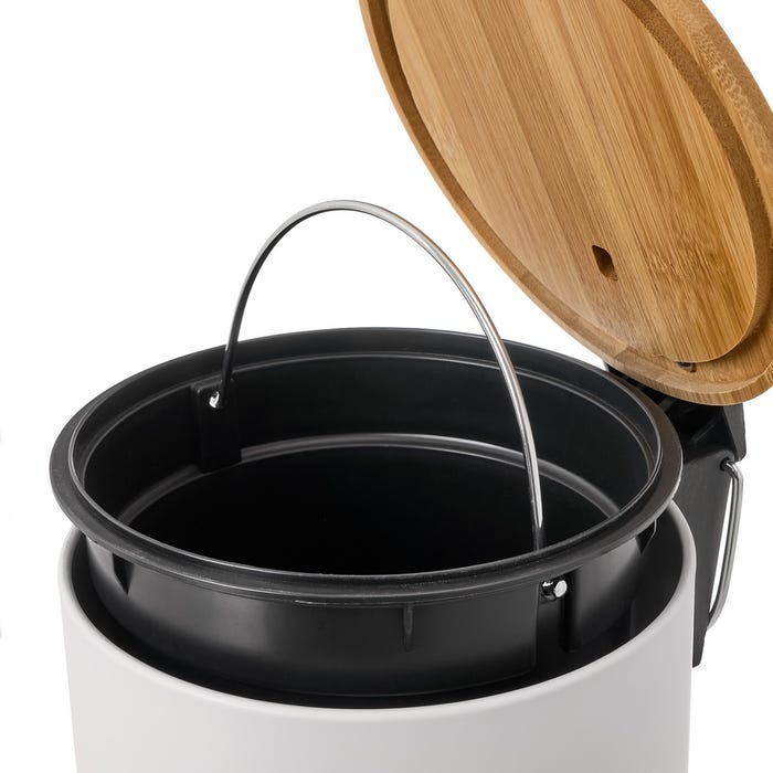 5 Liter Metal-Bamboo White Waste Bin 21 X 26 X 26 Cm
