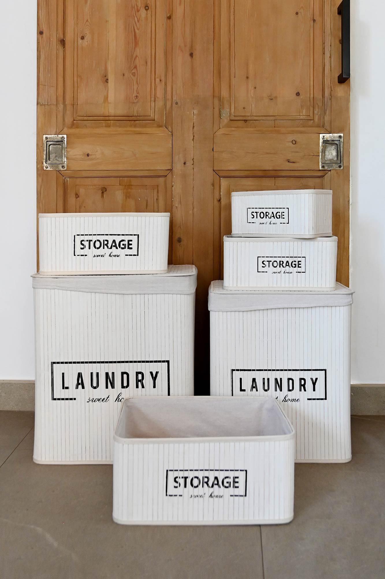 Conjunto de 6 cestos de roupa suja de bambu e poliéster 40x30x46 cm, branco