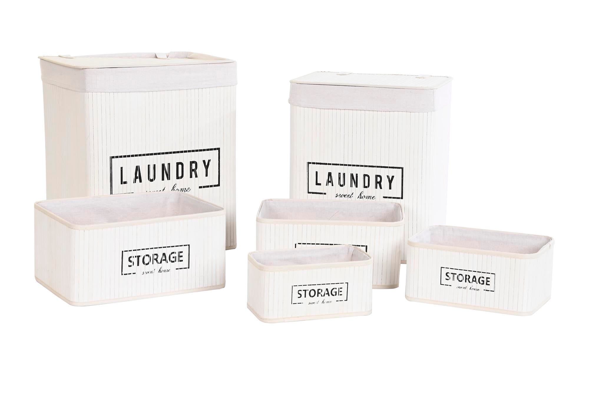 Conjunto de 6 cestos de roupa suja de bambu e poliéster 40x30x46 cm, branco