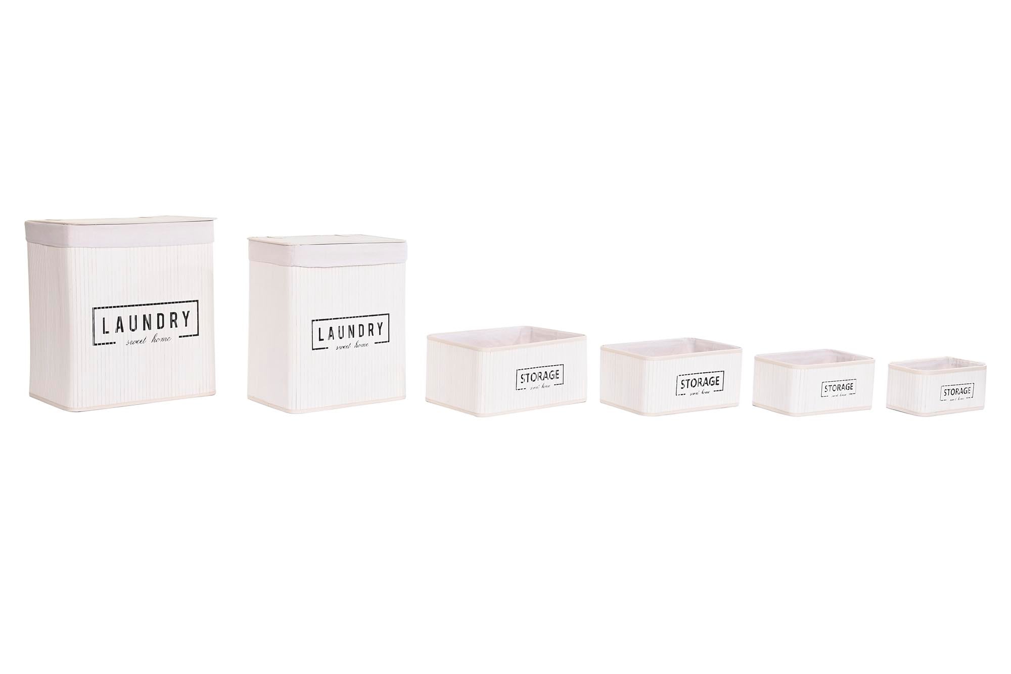 Conjunto de 6 cestos de roupa suja de bambu e poliéster 40x30x46 cm, branco