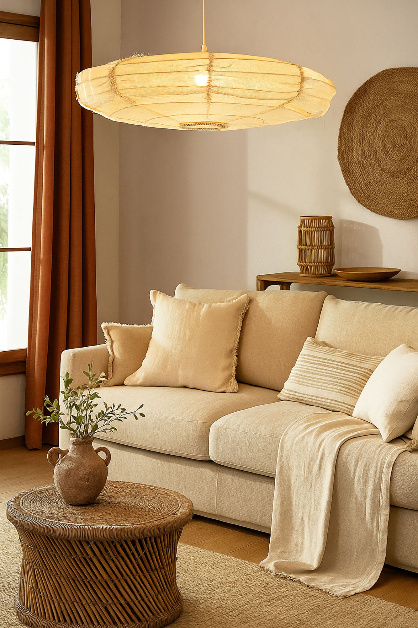 Lampara Techo Lino Cuerda 80X80X20 Natural Crudo